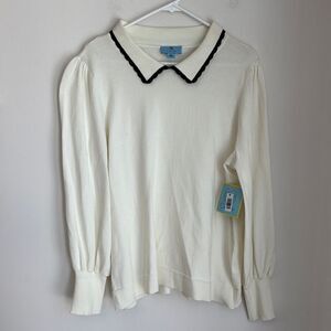 Cece Women’s knit pan collar Cream black lightweight neutral Sweater XL NWT!